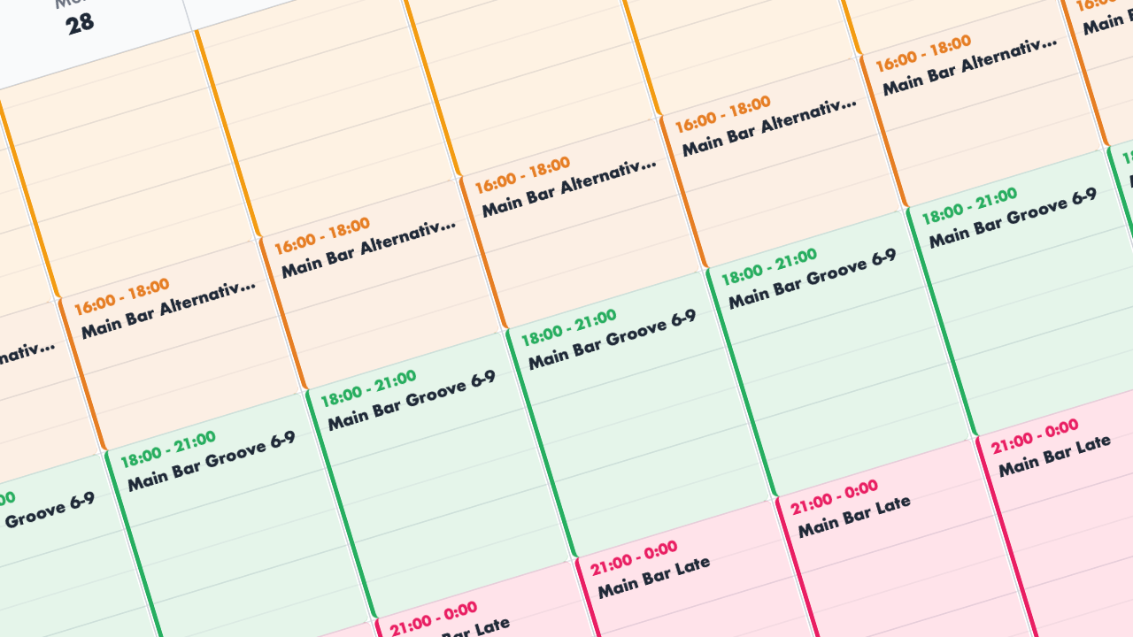 SÉIS weekly music schedule for a bar, with playlists set across the day